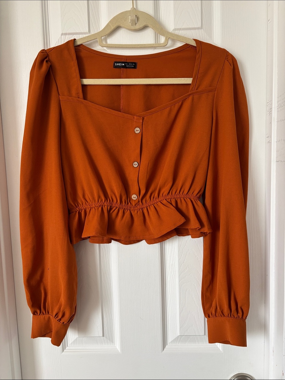 SHEIN Rust Orange Square Neck Peplum Button-Front Blouse - Picture 2 of 4